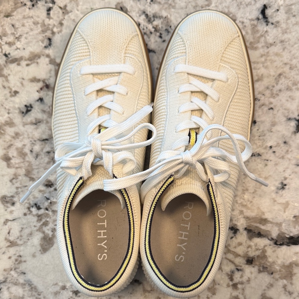 Rothy's White Knit Lace-Up Sneakers with Subtle Yellow Trim